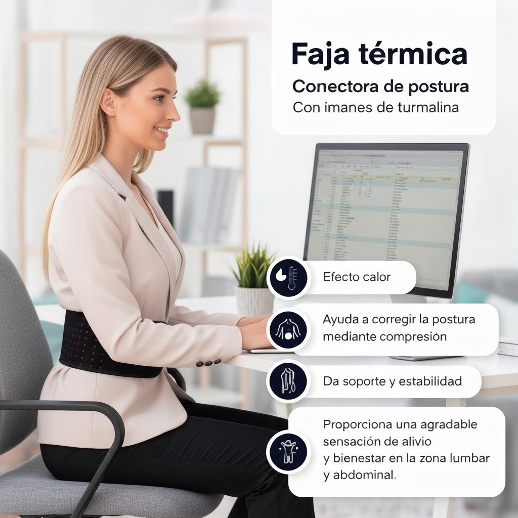 Evita la rigidez tras horas sentado frente al ordenador y obtén una postura estable y alivio inmediato con nuestra Faja TÉRMICA POSTURAL Transpirable